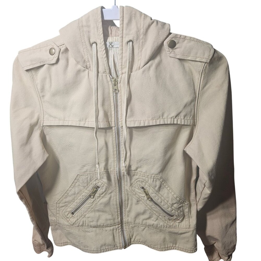 Mike & Chris Womens Beige Hooded Jacket With Zipper & Pockets S Cotton Blend
